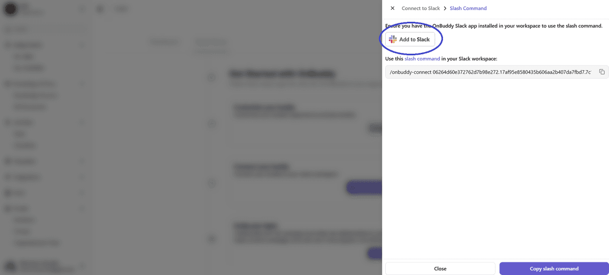 Connect to Slack modal showing the slash command and Add to Slack button