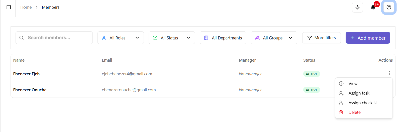 Delete member option in the actions dropdown on the members table