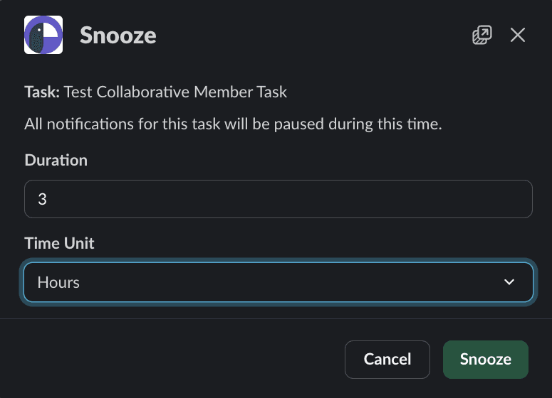 Notification Snooze modal on Slack