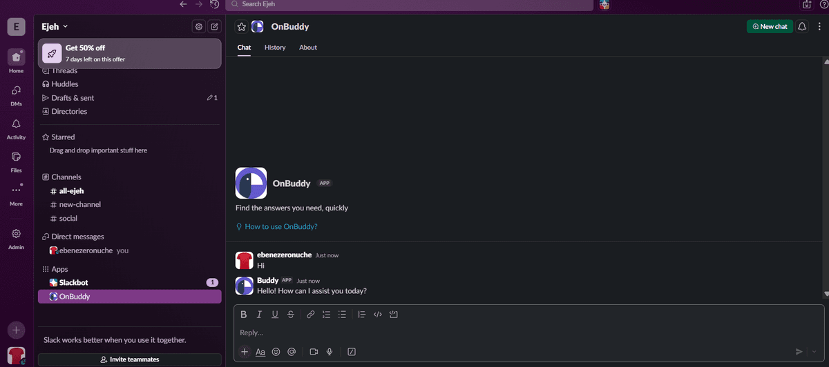 OnBuddy AI responding to a message in Slack