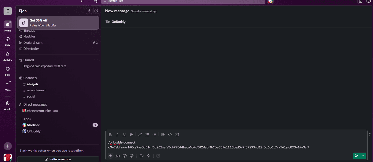 Sending the /onbuddy-connect slash command as a DM in Slack