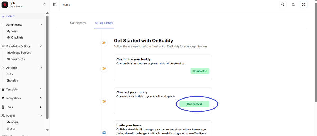 OnBuddy Quick Setup page showing the Slack integration as completed