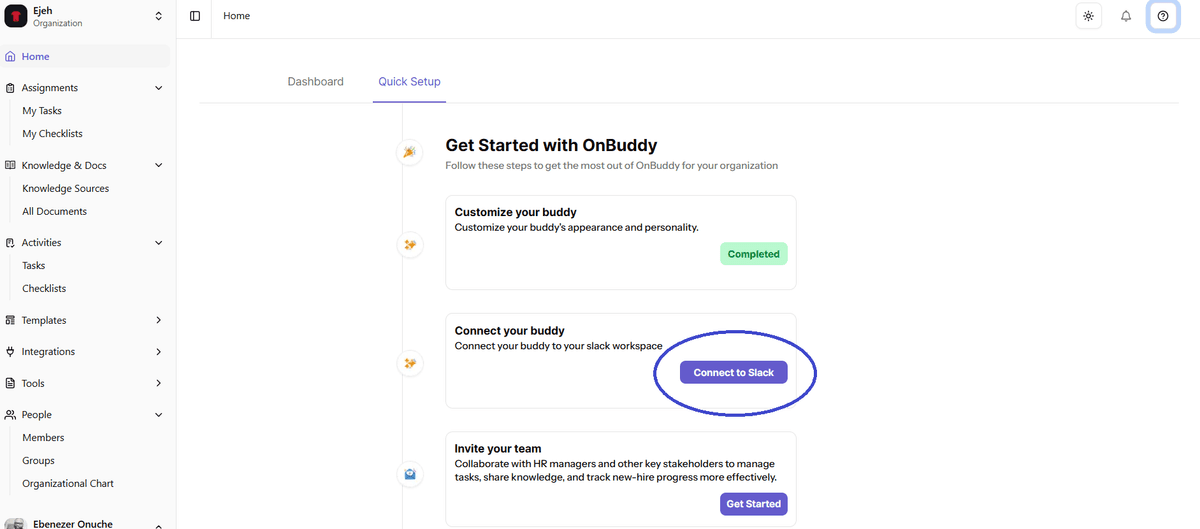 OnBuddy Quick Setup page showing the Connect button for Slack