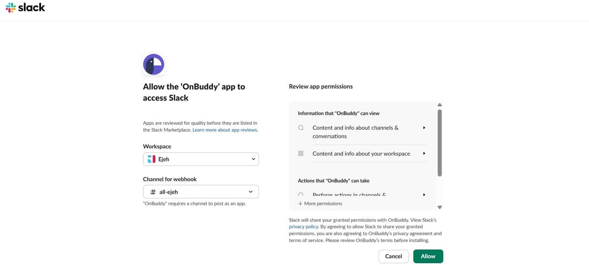 Slack authorization page showing workspace, channel, and permission details